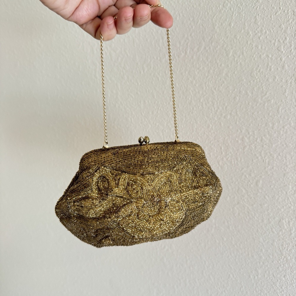 Vintage Gold Art Deco Italian Beaded Evening Bag Chain Purse Japan Kiss Lock